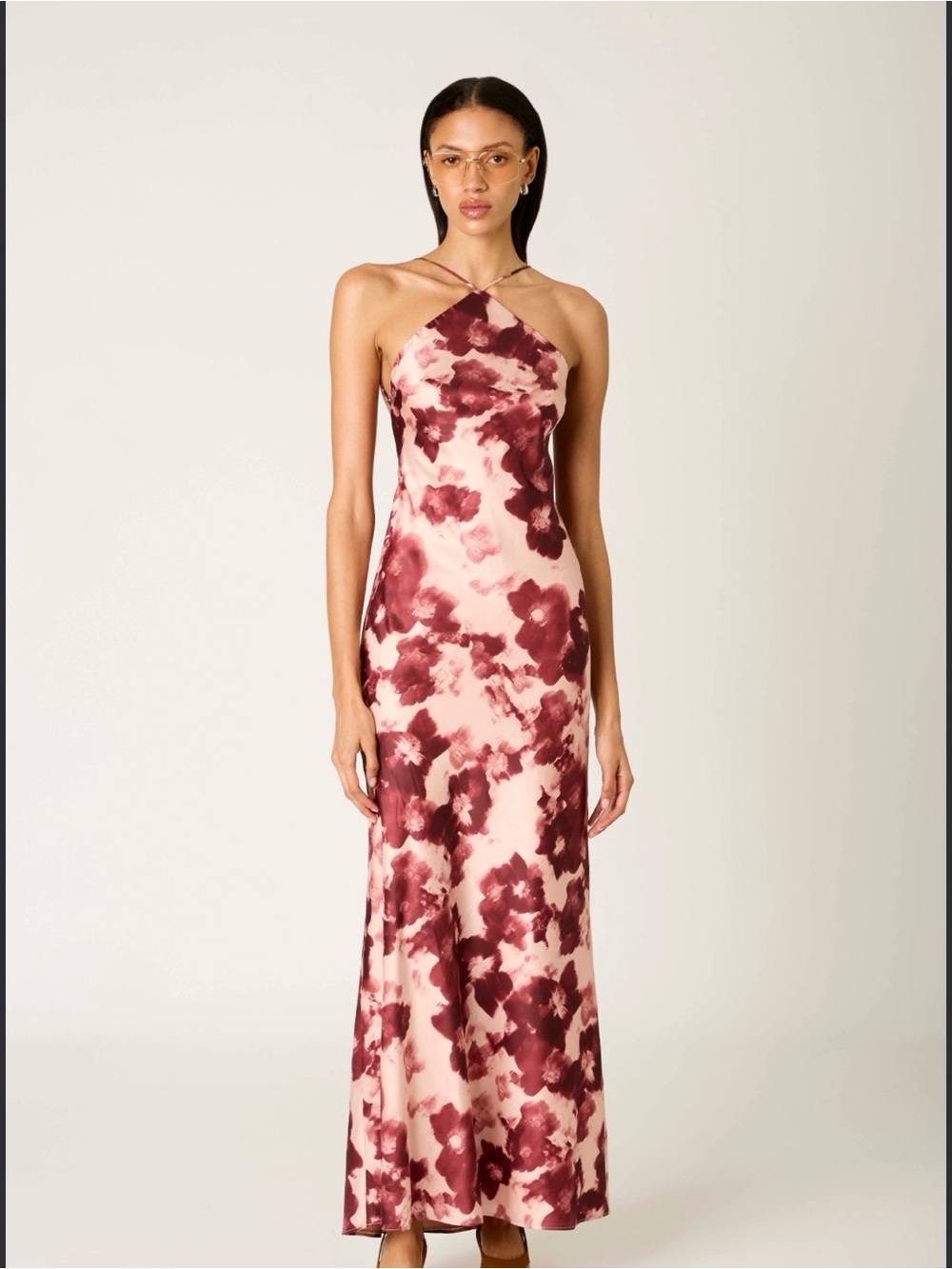 Nia Halter Maxi Dress in Pink with Burgundy Floral Print
